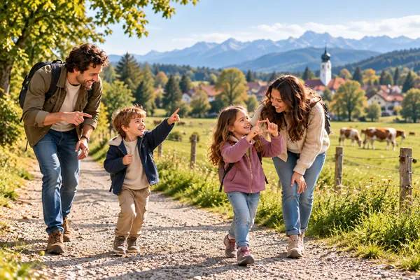 Illustrative Szene: Familie spielt auf einem Weg außerhalb einer eingezäunten Weide; Kühe bleiben im Hintergrund.