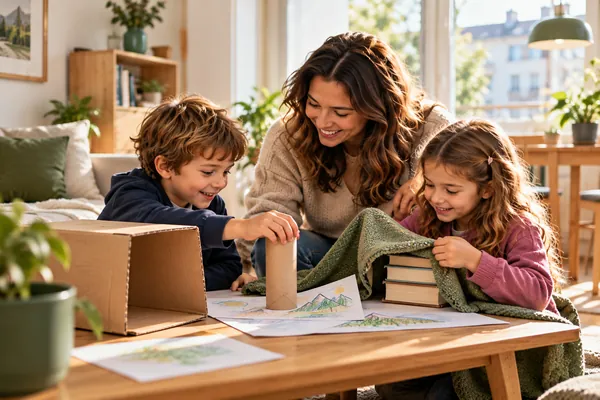 Illustrative Szene: Ein Elternteil und zwei Kinder spielen mit einfachen Materialien zu Hause.