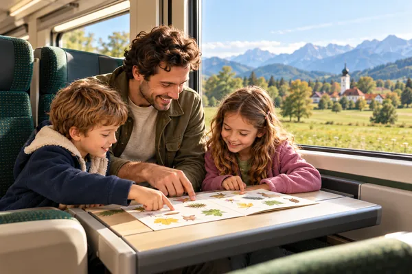 Illustrative Szene: Ein Elternteil und zwei Kinder spielen ruhig im Zug an ihren Sitzplätzen.
