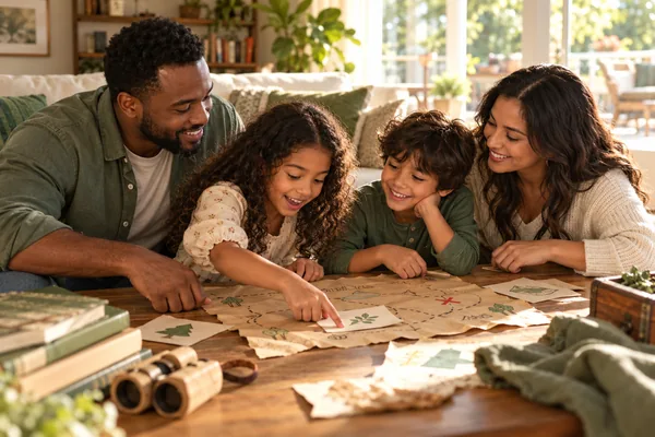 AI illustration of parents and children turning a living-room moment into an adventure.