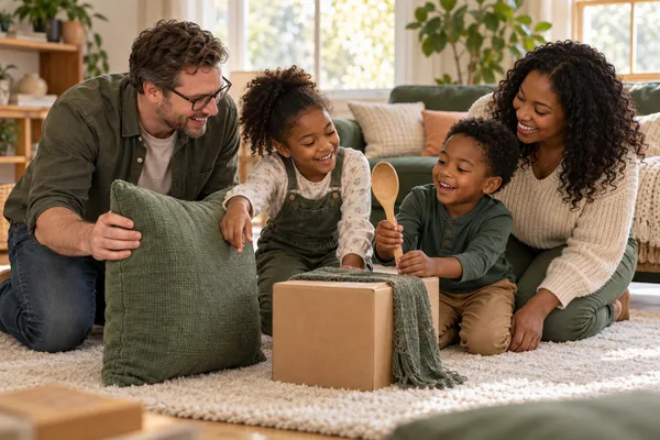 AI illustration of parents and two children making an imaginary museum with large household objects.