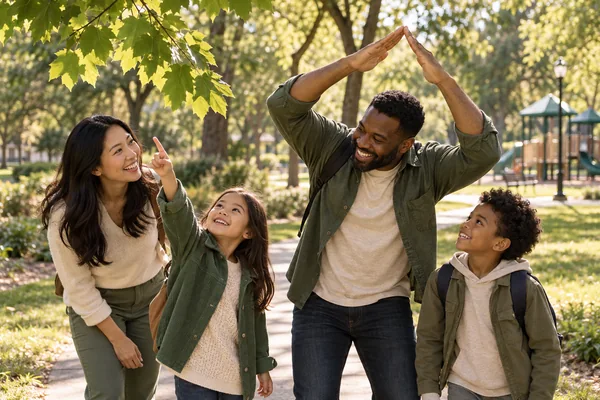 AI illustration of families noticing shapes together on a safe neighborhood park path.