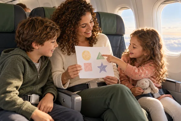 AI illustration of a mother and two children seated with seat belts fastened, playing a quiet paper game on a flight.
